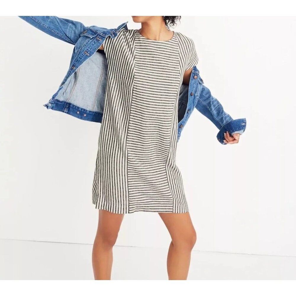 Madewell Striped Linen Blend Button Back Shift Mini Dress Black White e1
